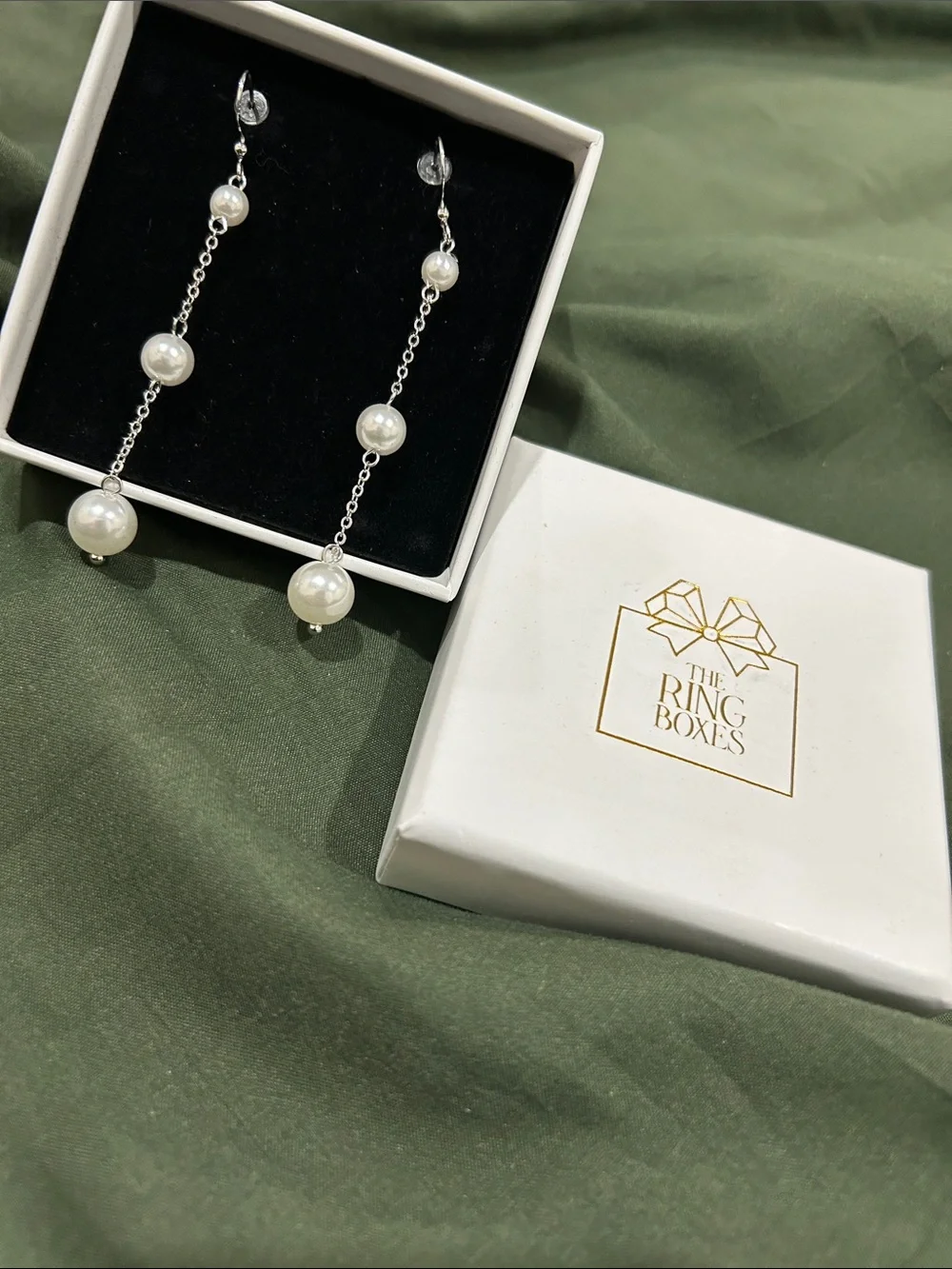 Pearl Drop Chain Earrings in White and Silver by